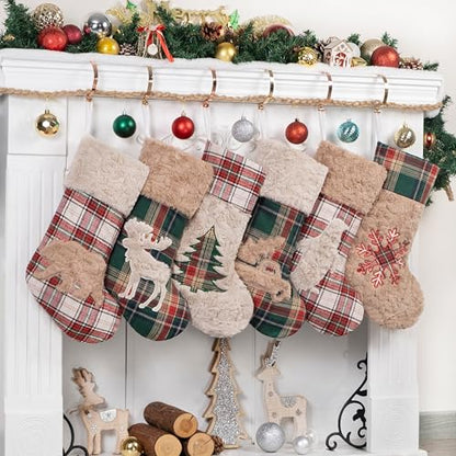Christmas Stockings 20 Inch Red Green Plaid Plush Set - Rustic Holiday Decor