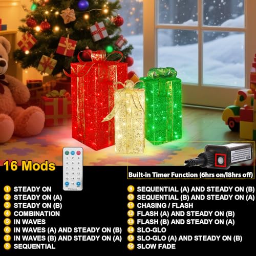 Christmas Lighted Gift Boxes Set of 3 - Warm Red Green Outdoor Decor with 16 Modes