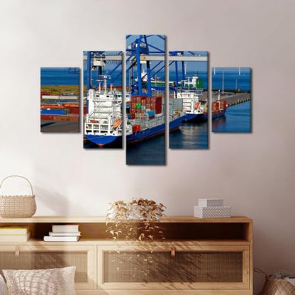 60x40 Inch Canvas Wall Art Container Ship and Crane - Ready to Hang, 5 Panels - Port Scene Artwork