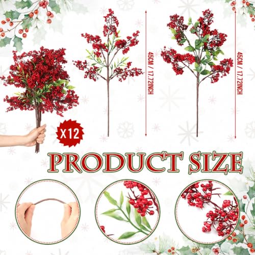 12 Pcs Christmas Artificial Red Berry Stems - Holly Berry Branches, 18 Inches - Variation of Red Berry