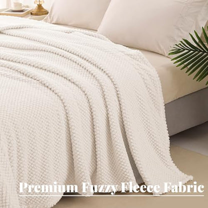 Ivory Fuzzy Fleece Throw Blanket 50x70 Inches - Extra Large Cozy Couch Blanket