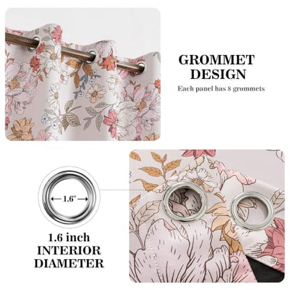 Pink Floral Blackout Curtains for Girls Bedroom 52 x 63 Inches - Pack of 2
