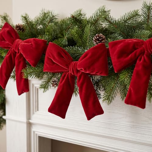 6 Ft Red Velvet Bow Garland for Christmas Decorations, Pre-Assembled Holiday Decor