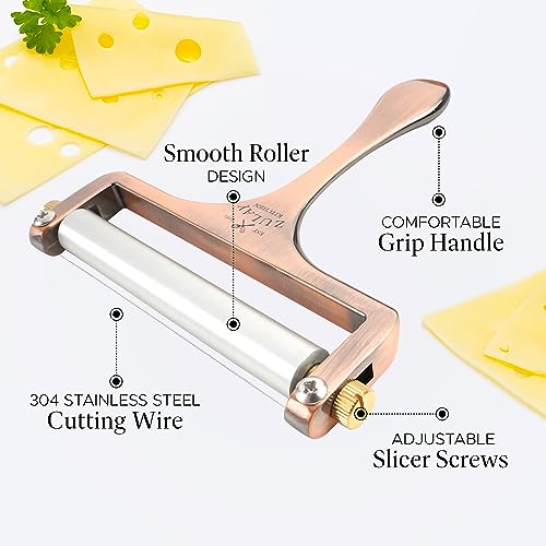 Zulay Cheese Slicer With Adjustable Thickness - Wire Cheese Slicer For Mozzarella Cheese, Cheddar Cheese, Gouda Cheese - Cheese Slicers For Block Cheese Heavy Duty With 2 Extra Wires (Copper)