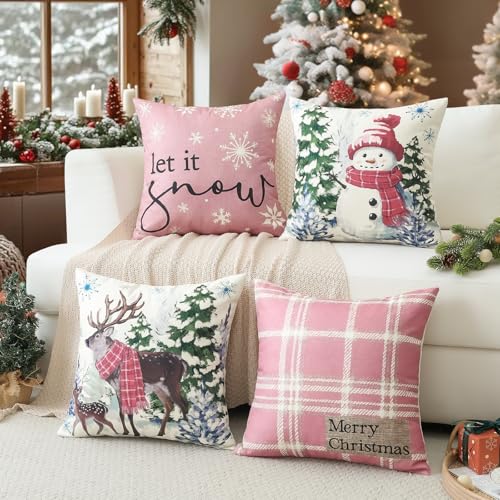 Artscope Christmas Throw Pillow Covers 16x16 Inch Set of 4 Pink Holiday Home Decor
