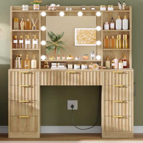 Fluted Vanity Desk with Mirror & 9 Drawers, 6 Open Shelves, 10 Bulbs, 3 Lighting Modes, Built-in Outlet
