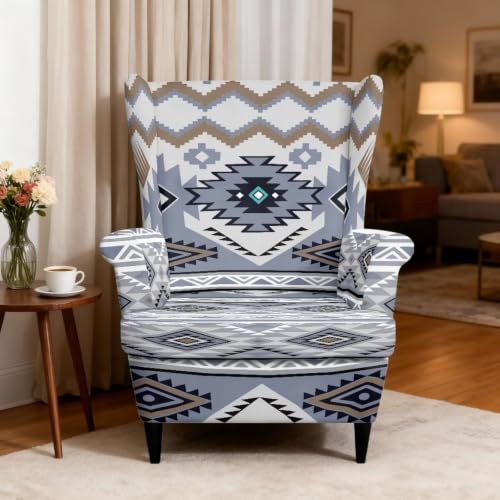 2 Pieces Wingback Chair Slipcover Light Gray Blue Aztec Pattern - Reversible & Stretchable