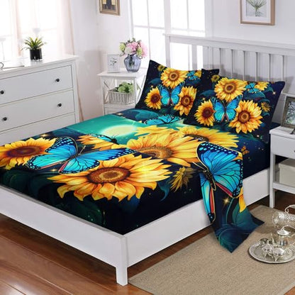 Twin Sunflower Printed Sheet Set for Kids & Teens - 4Pcs, Microfiber