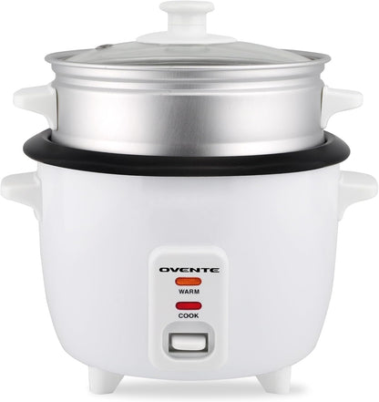 OVENTE Electric Rice Cooker - 10-Cup Capacity, Nonstick Pot & Steaming Basket Included | White RCS01W