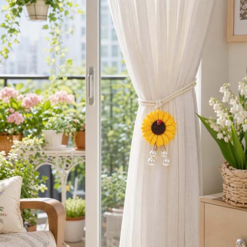 Sunflower Curtain Tiebacks with Ladybug & Pearl - Yellow, Adjustable 2-Pack