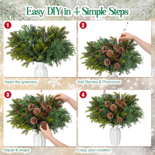 Artificial Christmas Greenery Picks Set with Cedar, Berries & Pine Cones