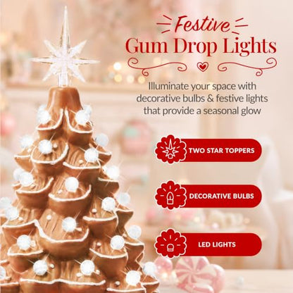 15in Ceramic Christmas Tree with White Bulbs & Star Toppers - Gingerbread Variation
