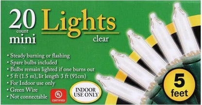 20 Count Mini Indoor String Lights, Clear, 5 Feet, Incandescent Bulbs