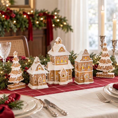 Gingerbread House Christmas Decorations - 5PCS Village Set with Trees - Classic Brown