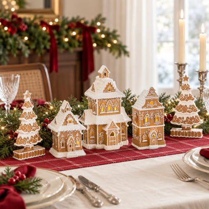 Gingerbread House Christmas Decorations - 5PCS Village Set with Trees - Classic Brown