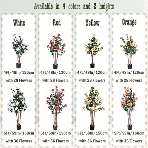 5ft Artificial Camellia Tree with Red Flowers - Potted Faux Indoor Outdoor Plant, Realistic Blooming Fake Tree, Home Decor