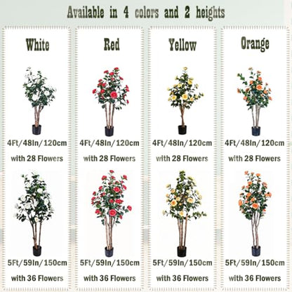 5ft Artificial Camellia Tree with Red Flowers - Potted Faux Indoor Outdoor Plant, Realistic Blooming Fake Tree, Home Decor