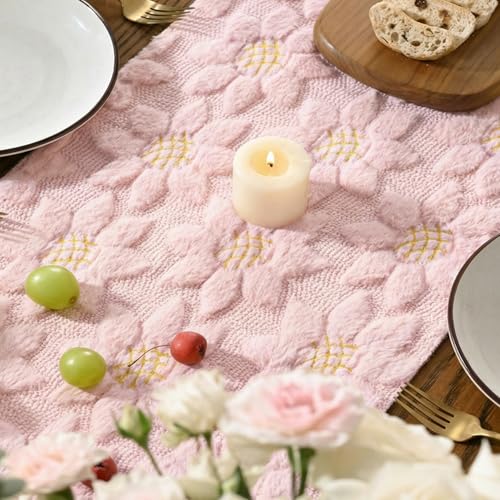 Pink Faux Fur Sunflower Table Runner - 13 x 108 Inch Spring Home Decor