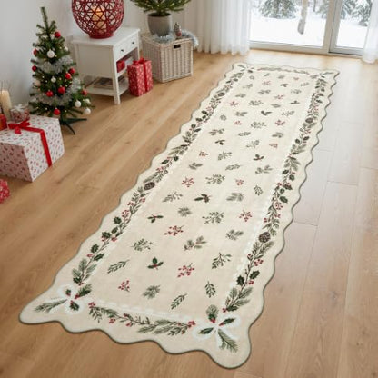 LIVEBOX Christmas Runner Rug for Kitchen 2x6 Beige Washable Non Slip Floral Bow Scalloped Edge
