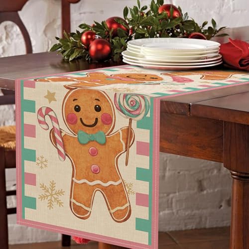 Christmas Gingerbread Man Table Runner Pink Holiday Decor 13x72 Inches Variation of Gingerbread Man-Pink