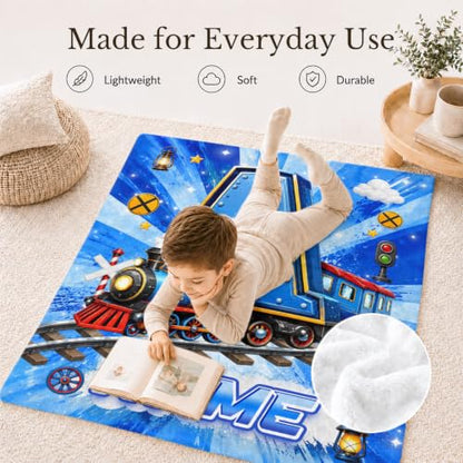 Personalized Kids Blanket for Boys Blue - Custom Train Throw for Toddlers