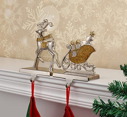 Reindeer Christmas Stocking Holders Set of 2 - Silver Anti-Slip Mantle Hangers
