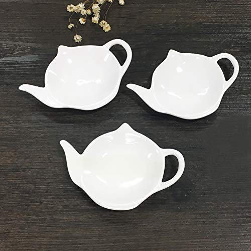 Sizikato 4pcs Pure White Ceramic Tea Bag Holder Tea Bag Coasters Teapot-Shaped Dish Spoon Rests Snack Dish Seasoning Dish.