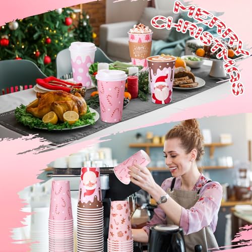 60 Pack Christmas Coffee Cups with Lids & Sleeves - 16 oz Festive Holiday Design Snowflakes Santa Gingerbread Polka Dots