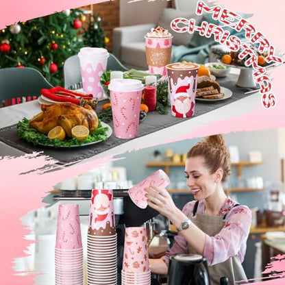 60 Pack Christmas Coffee Cups with Lids & Sleeves - 16 oz Festive Holiday Design Snowflakes Santa Gingerbread Polka Dots