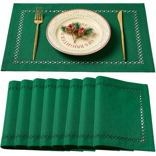 Green Burlap Place Mats Set of 8, 12 x 18 Inch Christmas Table Decor