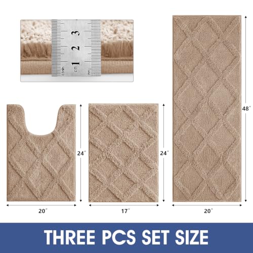 Bathroom Rugs Set 3 Piece Non-Slip Microfiber Bath Mat - Brown, 24x17 + 48x20 + U Shape 24x20