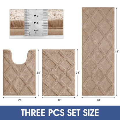 Bathroom Rugs Set 3 Piece Non-Slip Microfiber Bath Mat - Brown, 24x17 + 48x20 + U Shape 24x20