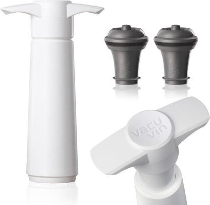 Vacu Vin Wine Saver Pump White with Vacuum Wine Stopper - Keep Your Wine Fresh for up to 10 Days - 1 Pump 2 Stoppers - Reusable - Made in the Netherlands