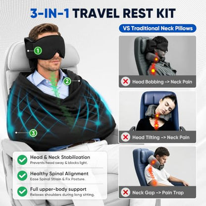 Travel Pillow with Eye Mask and Neck Support - M Size, Black, 3-in-1 Sleep Set