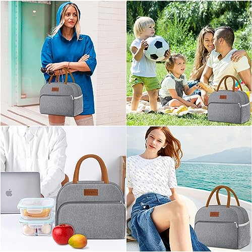 Coobiiya Lunch Bag Women, Lunch Box Lunch Bag for Women Adult Men, Small Leakproof Cute Lunch Tote Large Capacity Reusable Insulated Cooler Lunch Container for Work/Office/Picnic/Travel-Grey