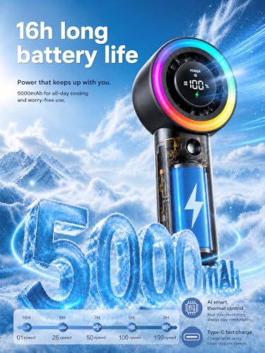 Portable Handheld Fan with Mist - Black, 1-199 Speed, Ice Cooling