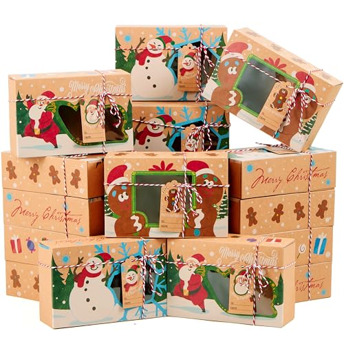 24-Piece Christmas Cookie Boxes with Window - Kraft Design Pastry Box Set, Auto-Popup Gift Boxes 8.75 x 5.75 x 2.75, JOYIN