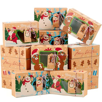 24-Piece Christmas Cookie Boxes with Window - Kraft Design Pastry Box Set, Auto-Popup Gift Boxes 8.75 x 5.75 x 2.75, JOYIN
