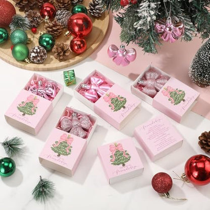 Pink Bow Christmas Ornaments Set - Friendship Gift Decorations, 12 Pieces
