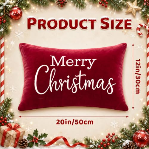 Christmas Velvet Throw Pillow Cover 12x20 Inch - Merry Christmas Burgundy Red