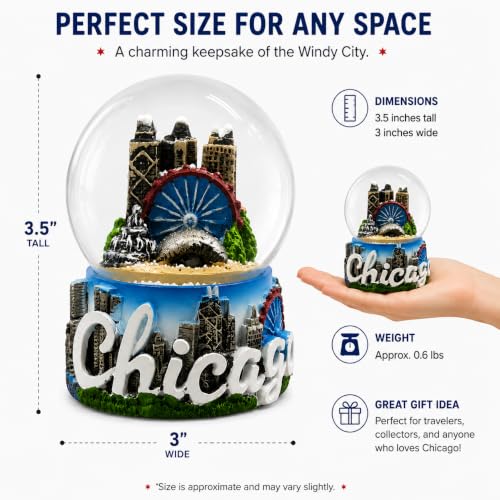Chicago Cloud Gate Snow Globe with Chicago Skyline and Landmarks – Collectible Winter Decor