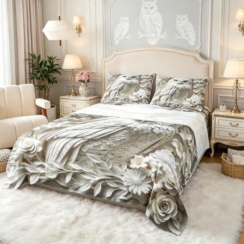Manfei King Size Kids Bedding Set - 3D Owl White Rose Daisy Flower 4 Piece