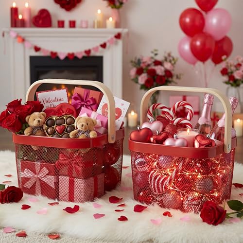Heavy-Duty Metal Mesh Basket with Handle - 9.65 x 9.65 x 7.09 Inch Red Christmas Garden Storage Basket Set