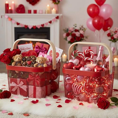 Heavy-Duty Metal Mesh Basket with Handle - 9.65 x 9.65 x 7.09 Inch Red Christmas Garden Storage Basket Set