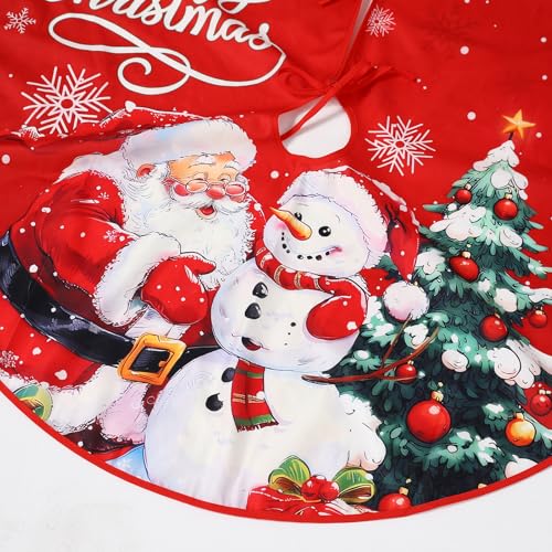 Christmas Tree Skirt Santa Claus Snowman Prints 28 Inch Red Festive Decor