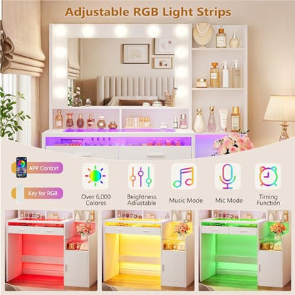 Pure White Vanity Desk with Mirror, RGB Lights, Glass Top, Open Shelves & Power Outlet (42.5W x 15.7D x 55.1H)