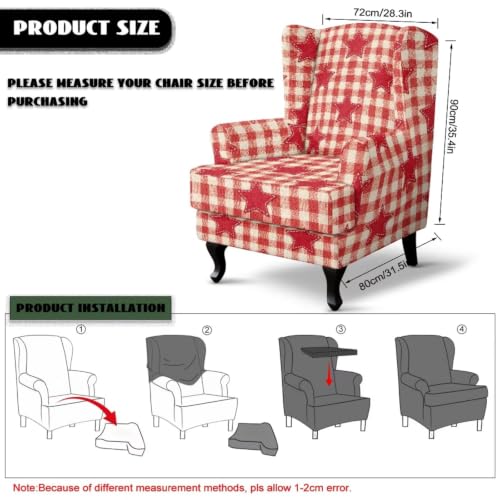 Red Wingback Chair Cover Slipcover 2-Piece Color Block Star Print - Non-Slip & Protects Furniture