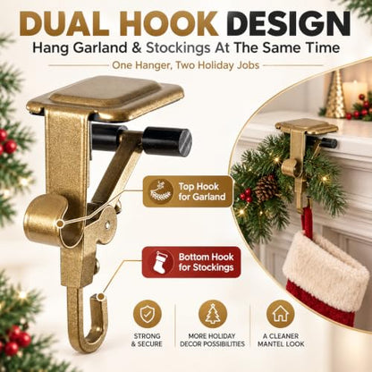 Christmas Stocking & Garland Hanger for Fireplace Mantle Dual Hook Adjustable Support