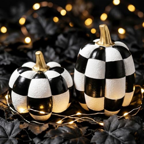 Black and White Checkered Pumpkins with Gold Stem Set of 2 Halloween Decor