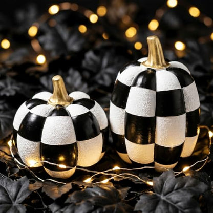 Black and White Checkered Pumpkins with Gold Stem Set of 2 Halloween Decor